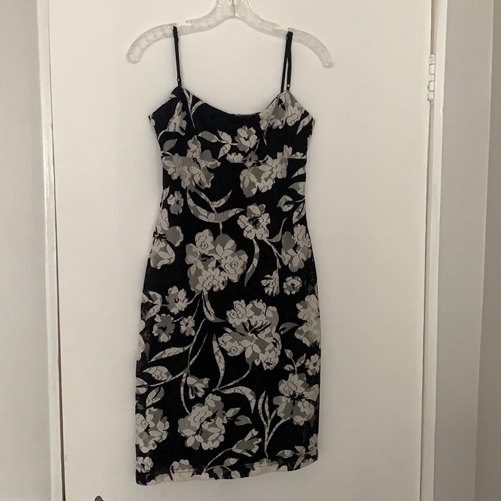 Black and Cream spaghetti strap dress mini dress with flower detail